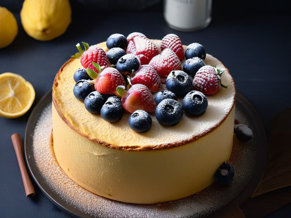  A closeup, ultradetailed image of a perfectly golden glutenfree almond flour cake topped with fresh berries and a dusting of powdered sugar, set on a simple white plate against a dark matte background. The cake is moist and crumbly, with visible specks of almond flour and a delicate golden crust, creating a mouthwatering and visually appealing dessert that embodies the essence of glutenfree baking. hyperrealistic, full body, detailed clothing, highly detailed, cinematic lighting, stunningly beautiful, intricate, sharp focus, f/1. 8, 85mm, (centered image composition), (professionally color graded), ((bright soft diffused light)), volumetric fog, trending on instagram, trending on tumblr, HDR 4K, 8K