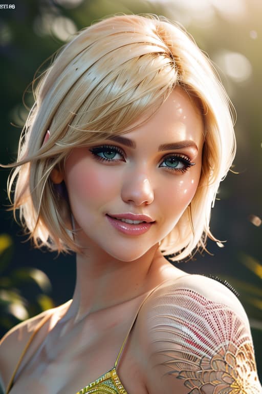  1girl,1girl,blonde short hair,straight hair,upper body shot,shirt,smile hyperrealistic, full body, detailed clothing, highly detailed, cinematic lighting, stunningly beautiful, intricate, sharp focus, f/1. 8, 85mm, (centered image composition), (professionally color graded), ((bright soft diffused light)), volumetric fog, trending on instagram, trending on tumblr, HDR 4K, 8K