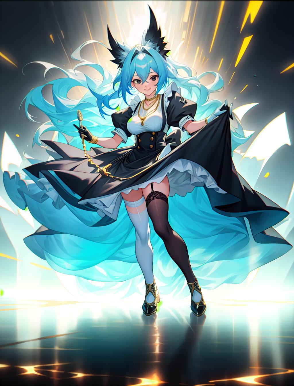  Woman maid, light blue hair, long messy hair, happy expression, necklace with gold ring tied up, using black and white maid uniform, black eyes, white glove, black stocking, hyperrealistic, full body, detailed clothing, highly detailed, cinematic lighting, stunningly beautiful, intricate, sharp focus, f/1. 8, 85mm, (centered image composition), (professionally color graded), ((bright soft diffused light)), volumetric fog, trending on instagram, trending on tumblr, HDR 4K, 8K hyperrealistic, full body, detailed clothing, highly detailed, cinematic lighting, stunningly beautiful, intricate, sharp focus, f/1. 8, 85mm, (centered image composition), (professionally color graded), ((bright soft diffused light)), volumetric fog, trending on instagram, trending on tumblr, HDR 4K, 8K