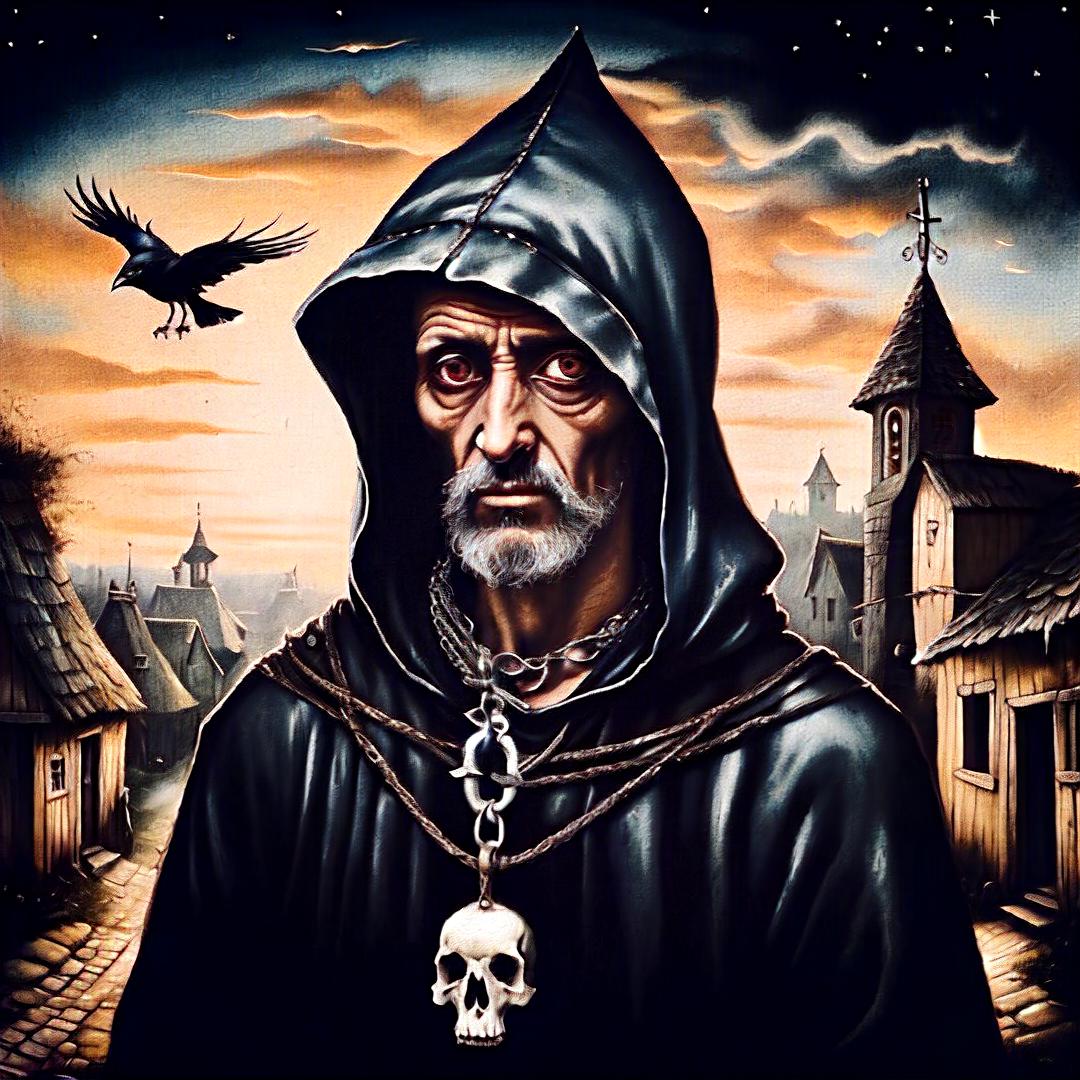  A man in the distance Mythical scary man with a jackdaw, in a hood , bone necklace Highly-detailed, in village historical , coquettish. style of esao andrews, stars dawn sunrise, beautiful, perfect eyes, and a jackdaw, hangman’s noose, Dark-Ages, scythe, misty summertime , Highly defined, highly detailed, sharp focus, (centered image composition), 4K, 8K