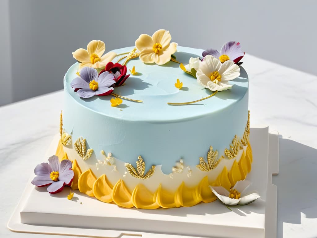  An ultradetailed closeup image of a perfectly frosted cake with intricate piping details in pastel colors, sitting on a sleek, white marble countertop. The cake is adorned with delicate edible flowers and gold leaf accents, showcasing expert craftsmanship and attention to detail. The minimalist composition highlights the elegance and sophistication of the confection, making it a visually appealing and inspiring image for the article on selecting the perfect theme for a pastry competition. hyperrealistic, full body, detailed clothing, highly detailed, cinematic lighting, stunningly beautiful, intricate, sharp focus, f/1. 8, 85mm, (centered image composition), (professionally color graded), ((bright soft diffused light)), volumetric fog, trending on instagram, trending on tumblr, HDR 4K, 8K