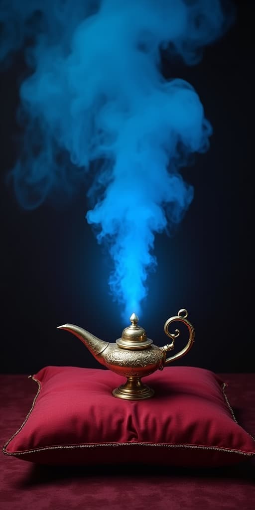  good quality, high quality, genie's magic lamp emitting blue smoke standing on a red pillow