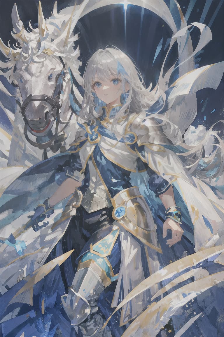  master piece , best quality,Silver hair, long hair, male, knight, blue lightning, white armor, bright light blue cape