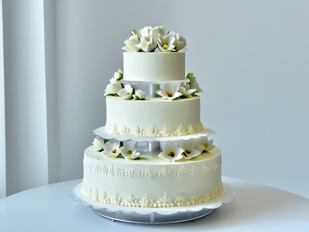  A photorealistic image of a beautifully intricate wedding cake, featuring delicate sugar flowers, intricate lace piping, and shimmering metallic details. The cake is displayed on a crystalclear cake stand, set against a soft, blurred background that highlights the exquisite details of the confection. hyperrealistic, full body, detailed clothing, highly detailed, cinematic lighting, stunningly beautiful, intricate, sharp focus, f/1. 8, 85mm, (centered image composition), (professionally color graded), ((bright soft diffused light)), volumetric fog, trending on instagram, trending on tumblr, HDR 4K, 8K