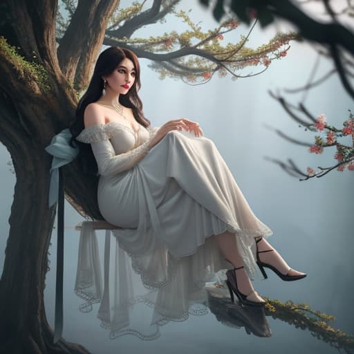  a girl in a sea hanging in a tree hyperrealistic, full body, detailed clothing, highly detailed, cinematic lighting, stunningly beautiful, intricate, sharp focus, f/1. 8, 85mm, (centered image composition), (professionally color graded), ((bright soft diffused light)), volumetric fog, trending on instagram, trending on tumblr, HDR 4K, 8K