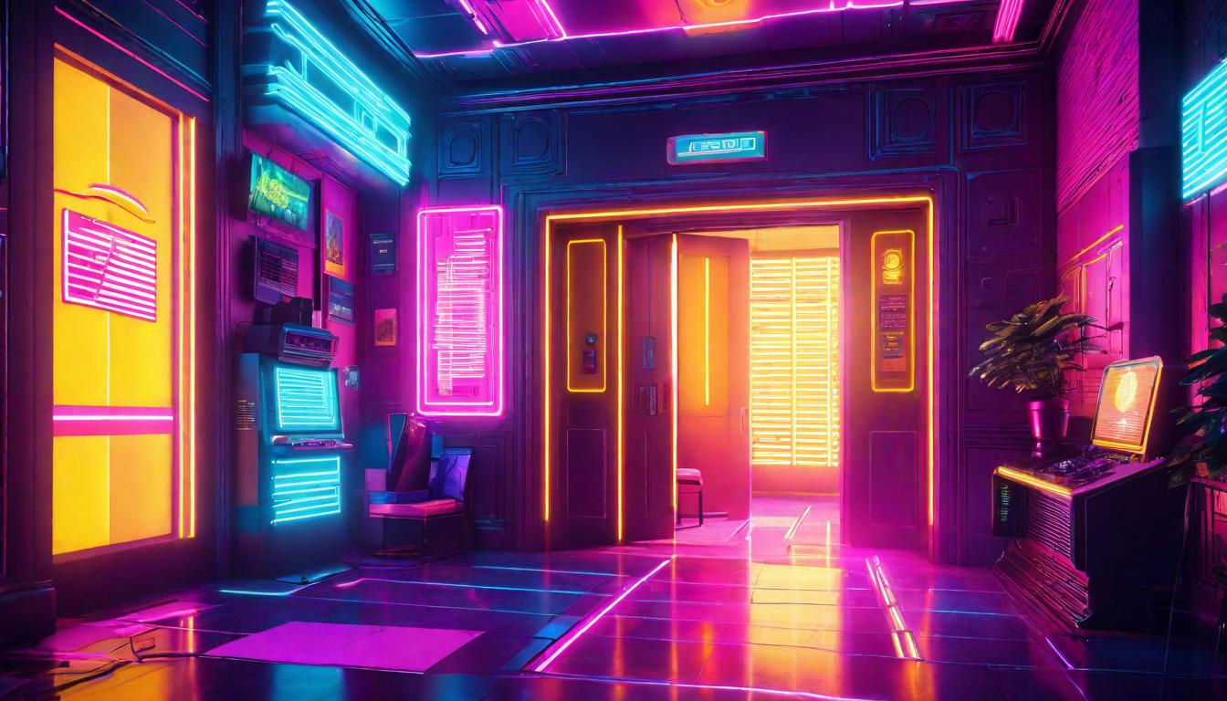  vaporwave,cyberpunk game style A doorway filled with golden light, inviting people into a room where a warm gathering takes place, Welcoming, magnetic, heartwarming.eon, dystopian, futuristic, digital, vibrant, detailed, high contrast, reminiscent of cyberpunk genre video games,retro aesthetic, cyberpunk, vibrant, neon colors, vintage 80s and 90s style, highly detailed