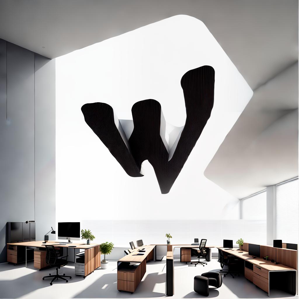  spacious corporate interior with modern furniture, clean lines, and a W shaped layout for the desk and workstations, bright lighting, minimalist decor, and a professional atmosphere. style RAW, best quality, masterpiece