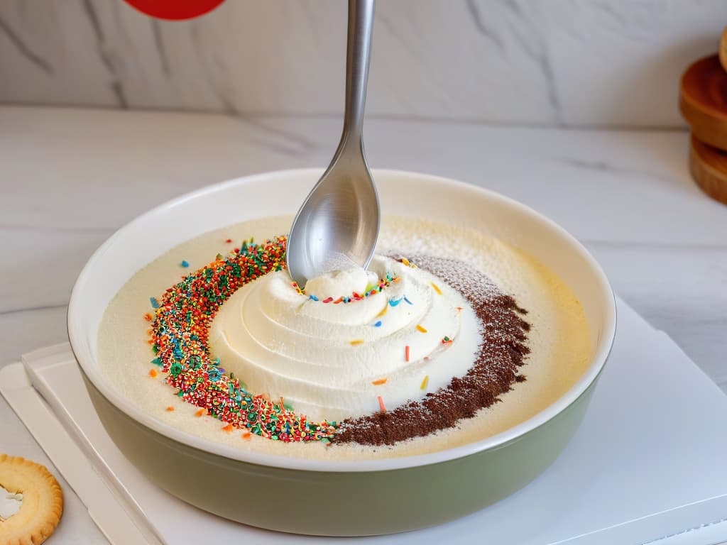  A closeup, ultradetailed image of a child's hands carefully measuring flour into a mixing bowl, with a colorful array of sprinkles and cookie cutters scattered on a marble countertop in the background. The lighting is soft and natural, highlighting the textures of the ingredients and tools used in baking. hyperrealistic, full body, detailed clothing, highly detailed, cinematic lighting, stunningly beautiful, intricate, sharp focus, f/1. 8, 85mm, (centered image composition), (professionally color graded), ((bright soft diffused light)), volumetric fog, trending on instagram, trending on tumblr, HDR 4K, 8K