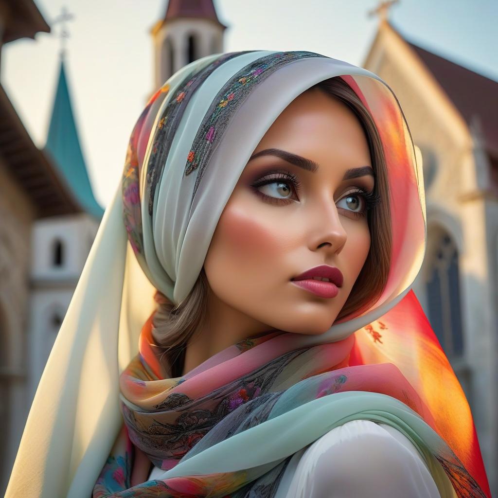  face, woman in profile, black eyes, head covered with a beautiful chiffon scarf, a beautiful church in the background, Clear focus, intricate details, bright bokeh. Surreal works of art, multicolor and atmospheric haze. Dynamic angles, cinematic shots, film stills with vivid details. hyperrealistic, full body, detailed clothing, highly detailed, cinematic lighting, stunningly beautiful, intricate, sharp focus, f/1. 8, 85mm, (centered image composition), (professionally color graded), ((bright soft diffused light)), volumetric fog, trending on instagram, trending on tumblr, HDR 4K, 8K