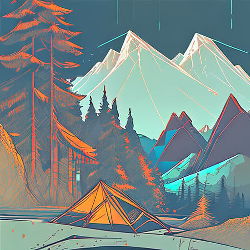 nvinkpunk Whimsical mountains with trees, and camping tent