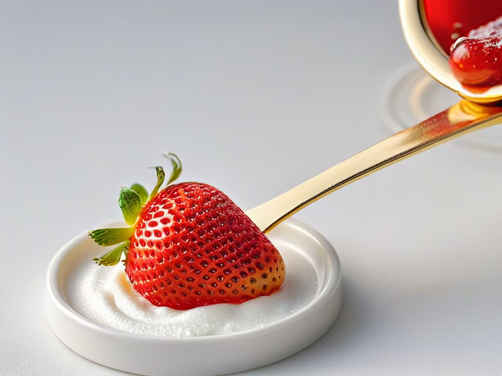  A closeup, ultradetailed image of a single golden spoon delicately holding a perfect sphere of vibrant red strawberry caviar, glistening with tiny droplets of water, set against a stark white minimalist background. hyperrealistic, full body, detailed clothing, highly detailed, cinematic lighting, stunningly beautiful, intricate, sharp focus, f/1. 8, 85mm, (centered image composition), (professionally color graded), ((bright soft diffused light)), volumetric fog, trending on instagram, trending on tumblr, HDR 4K, 8K