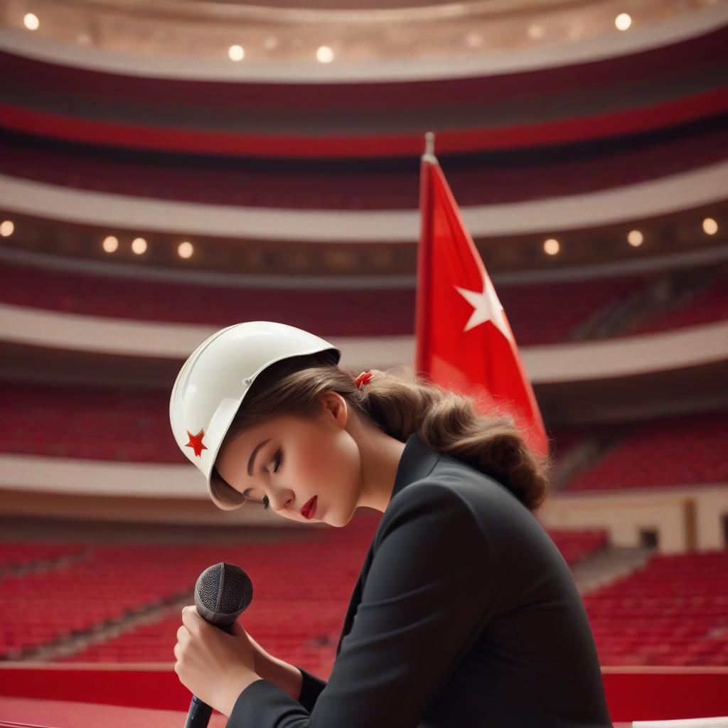  cinematic photo Against the background of the Red flag of the Soviet Union with the red star of the communist, a girl worker in a white helmet in a concert hall sings into a large variety microphone , the Russian avant garde of the 1960s, socialist realism, romantic Soviet realism, . 35mm photograph, film, bokeh, professional, 4k, highly detailed hyperrealistic, full body, detailed clothing, highly detailed, cinematic lighting, stunningly beautiful, intricate, sharp focus, f/1. 8, 85mm, (centered image composition), (professionally color graded), ((bright soft diffused light)), volumetric fog, trending on instagram, trending on tumblr, HDR 4K, 8K