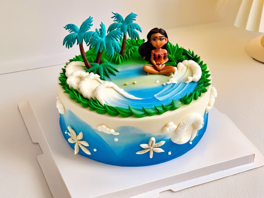  A closeup, ultradetailed image of a beautifully decorated cake inspired by Moana, featuring intricate waves, palm trees, and a miniature Moana figurine on top. The colors are vibrant and the details are so precise that each grain of sugar and sprinkle can be seen with stunning clarity. hyperrealistic, full body, detailed clothing, highly detailed, cinematic lighting, stunningly beautiful, intricate, sharp focus, f/1. 8, 85mm, (centered image composition), (professionally color graded), ((bright soft diffused light)), volumetric fog, trending on instagram, trending on tumblr, HDR 4K, 8K