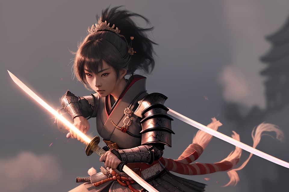  Female samurai, princess cut, Holding Katana, Samurai Armor, Growing Edge, Lens Flare, 💩, 💩,