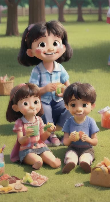  {Kids sitting around a picnic blanket, enjoying juice boxes and snacks., Children happily eating snacks, with crumbs on their faces and big smiles.