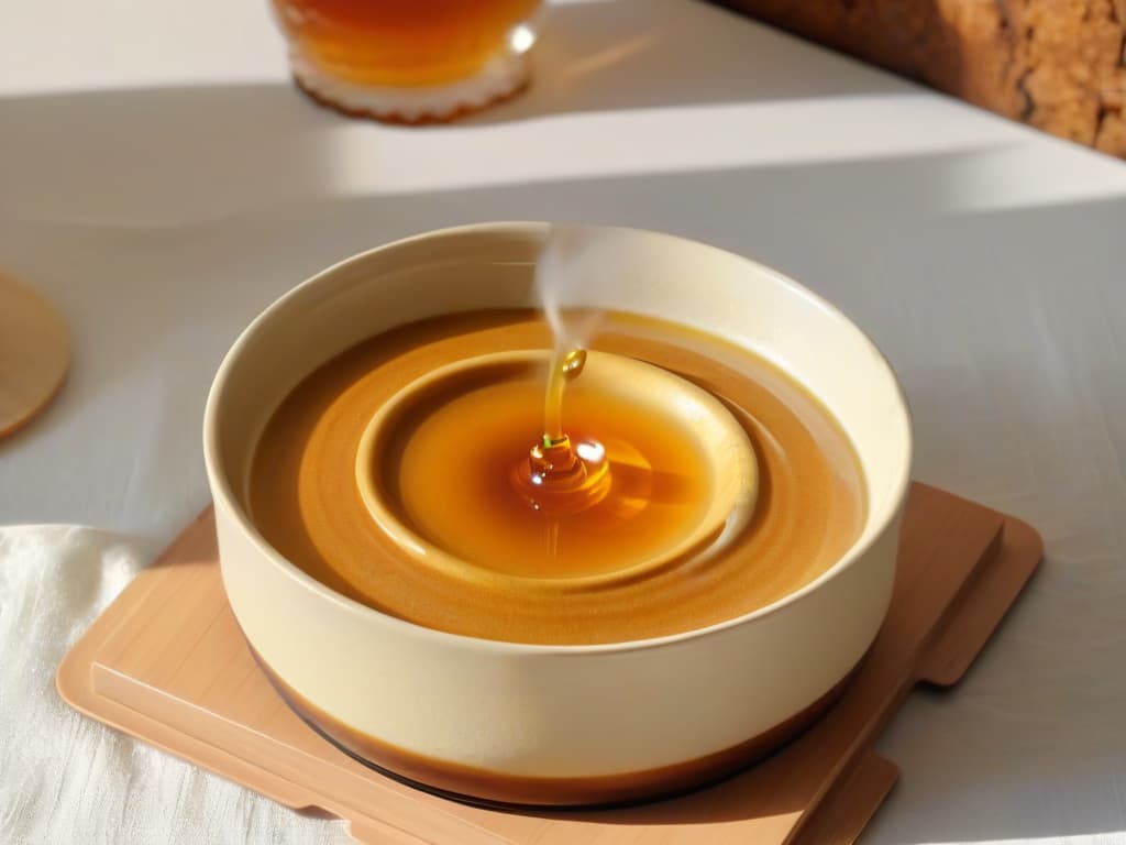  An intricately designed ceramic bowl filled with smooth, golden fufu drizzled with rich, ambercolored honey. The fufu is perfectly molded into a round shape, with tiny ridges on its surface, showcasing the precision and skill in its preparation. The honey glistens under a soft light, highlighting its viscosity as it cascades elegantly over the fufu. The background is a simple, earthtoned backdrop, emphasizing the minimalistic beauty of the dish. hyperrealistic, full body, detailed clothing, highly detailed, cinematic lighting, stunningly beautiful, intricate, sharp focus, f/1. 8, 85mm, (centered image composition), (professionally color graded), ((bright soft diffused light)), volumetric fog, trending on instagram, trending on tumblr, HDR 4K, 8K