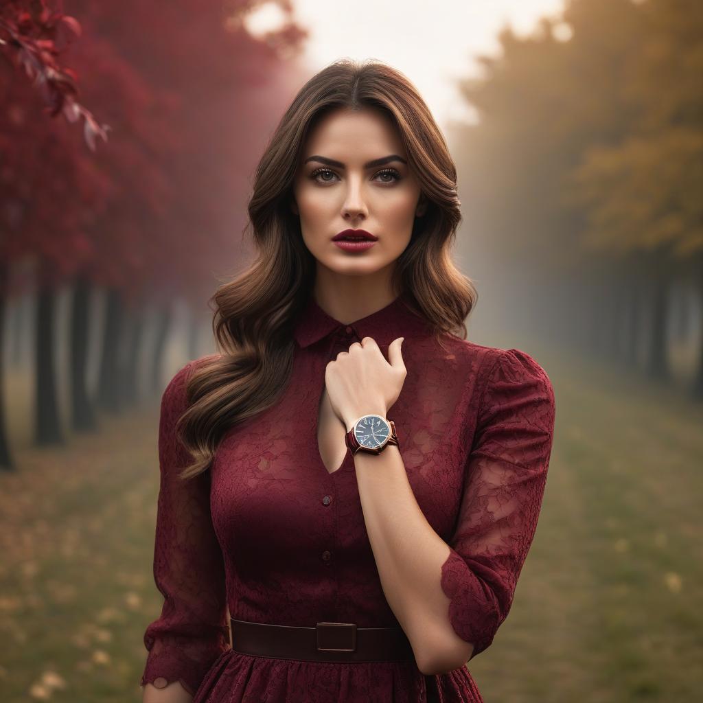  cinematic photo A girl in a burgundy dress is advertising wristwatches. . 35mm photograph, film, bokeh, professional, 4k, highly detailed hyperrealistic, full body, detailed clothing, highly detailed, cinematic lighting, stunningly beautiful, intricate, sharp focus, f/1. 8, 85mm, (centered image composition), (professionally color graded), ((bright soft diffused light)), volumetric fog, trending on instagram, trending on tumblr, HDR 4K, 8K