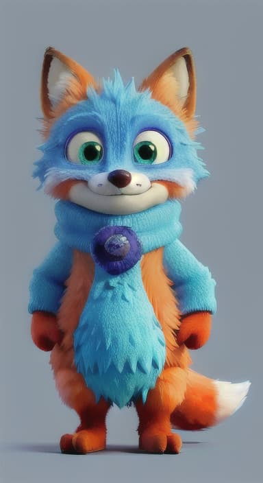  {Error the fox pressing the blue button with his paw, looking puzzled as nothing occurs., Error is a small, bright orange fox with a fluffy tail and big, inquisitive eyes. He has a mischievous yet kind expression and wears a tiny green scarf.