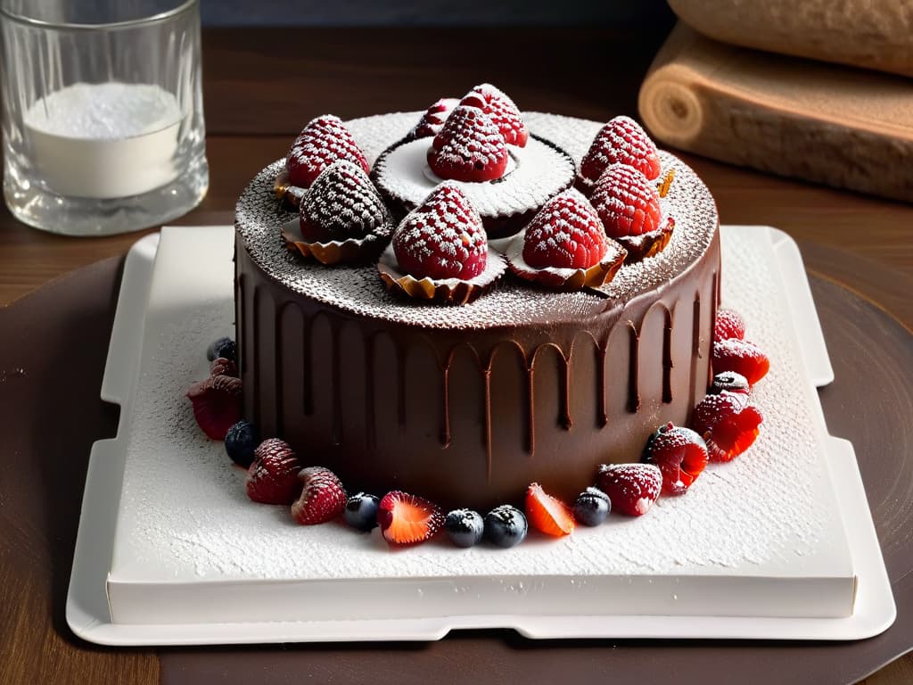  A closeup, ultradetailed image of a decadent vegan chocolate cake topped with fresh raspberries and a dusting of powdered sugar, presented on a sleek, minimalist white plate. The rich, glossy texture of the cake contrasts beautifully with the vibrant red of the berries, creating a visually striking and enticing dessert image. hyperrealistic, full body, detailed clothing, highly detailed, cinematic lighting, stunningly beautiful, intricate, sharp focus, f/1. 8, 85mm, (centered image composition), (professionally color graded), ((bright soft diffused light)), volumetric fog, trending on instagram, trending on tumblr, HDR 4K, 8K