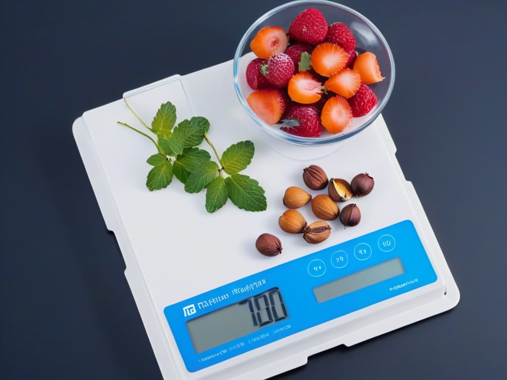  A minimalist, ultradetailed closeup image of a sleek, futuristic digital kitchen scale displaying precise measurements of various colorful ingredients such as berries, nuts, and spices, with sharp, vibrant details that highlight the precision and accuracy of the scale. The background is a soft, neutral tone to enhance the focus on the intricate digital display and the vibrant ingredients. hyperrealistic, full body, detailed clothing, highly detailed, cinematic lighting, stunningly beautiful, intricate, sharp focus, f/1. 8, 85mm, (centered image composition), (professionally color graded), ((bright soft diffused light)), volumetric fog, trending on instagram, trending on tumblr, HDR 4K, 8K