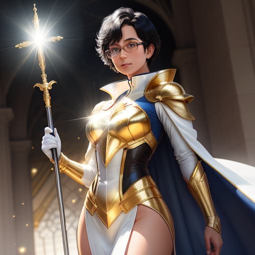  A superhero woman dressed in white and golden magic bodysuit, golden rays come from her body, a beautiful holy woman with magical staff , glasses, and short black hair, , hyperrealistic, high quality, highly detailed, perfect lighting, intricate, sharp focus, f/1. 8, 85mm, (centered image composition), (professionally color graded), ((bright soft diffused light)), trending on instagram, HDR 4K, 8K