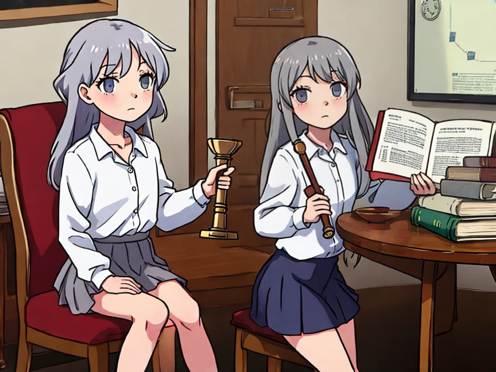  Two anime girls, grey hair, short skirts, white shirts, one sits in the table holding a judge's gavel, the other one holds a testbook