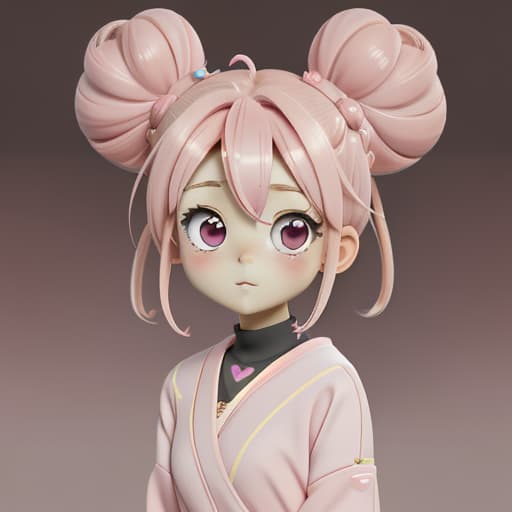  pink. twin bun hair. girl. chibi. cute. kawaii. background cute cosmetics. blurred blush painting. kemono.