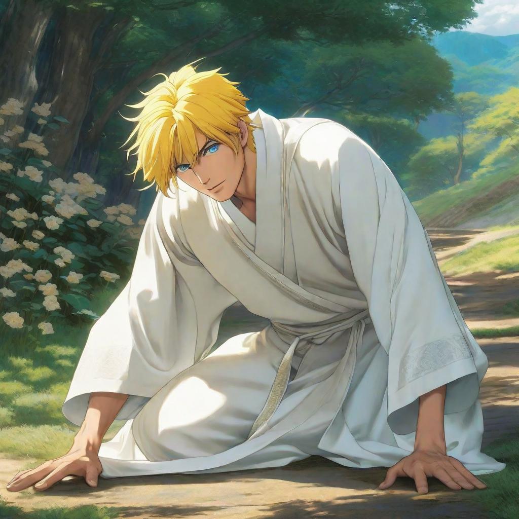  A young man with yellow hair and blue eyes, wearing a white abaya, placing his hand on the ground., anime concept art by Hayao Miyazaki, featured on pixiv, fantasy art, concept art, official art, high detailed hyperrealistic, full body, detailed clothing, highly detailed, cinematic lighting, stunningly beautiful, intricate, sharp focus, f/1. 8, 85mm, (centered image composition), (professionally color graded), ((bright soft diffused light)), volumetric fog, trending on instagram, trending on tumblr, HDR 4K, 8K