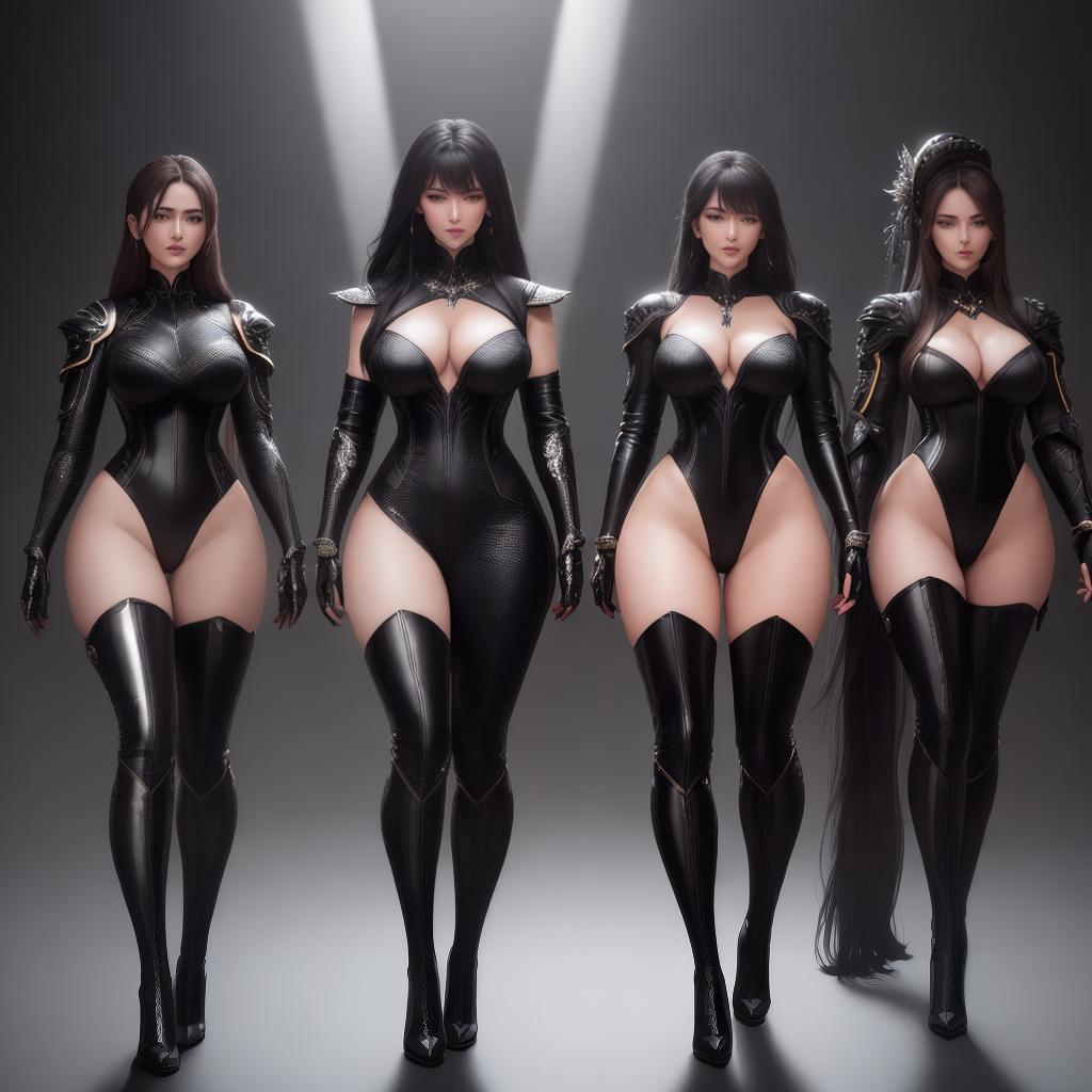  Get ready to explore a high detailed, ultra-detailed prompt in 8k resolution. This masterpiece showcases three girls from the back, dressed in outfits with wide necklines and high boots. The girls' outfits are made of shiny black, hugging their bodies and their alluring silhouettes. The extremely short skirts they wear barely cover their bottoms, leaving their long. The realistic style of the prompt brings out the texture and shine of the material, adding depth and dimension to the image. hyperrealistic, full body, detailed clothing, highly detailed, cinematic lighting, stunningly beautiful, intricate, sharp focus, f/1. 8, 85mm, (centered image composition), (professionally color graded), ((bright soft diffused light)), volumetric fog, trending on instagram, trending on tumblr, HDR 4K, 8K