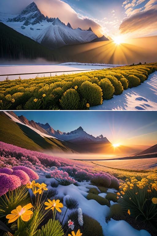  RAW Photography,Snow capped mountains, flowers and moos, sunrise, sunrays, white clouds,lens flare, low wide angle,, (sharpness in detail:1.1), Canon EOS 5D Mark IV, masterpiece, 35mm photograph, (iconic photograph:1.4), (visual storytelling:1.2), film grain, award winning photography,vibrant use of light and shadow, vivid colors,high quality textures of materials, volumetric textures perfect composition, dynamic play of light, rich colors, epic shot, perfectly quality, natural textures,high detail, high sharpness, high clarity, detailed ,photoshadow, intricate details, 8k hyperrealistic, full body, detailed clothing, highly detailed, cinematic lighting, stunningly beautiful, intricate, sharp focus, f/1. 8, 85mm, (centered image composition), (professionally color graded), ((bright soft diffused light)), volumetric fog, trending on instagram, trending on tumblr, HDR 4K, 8K