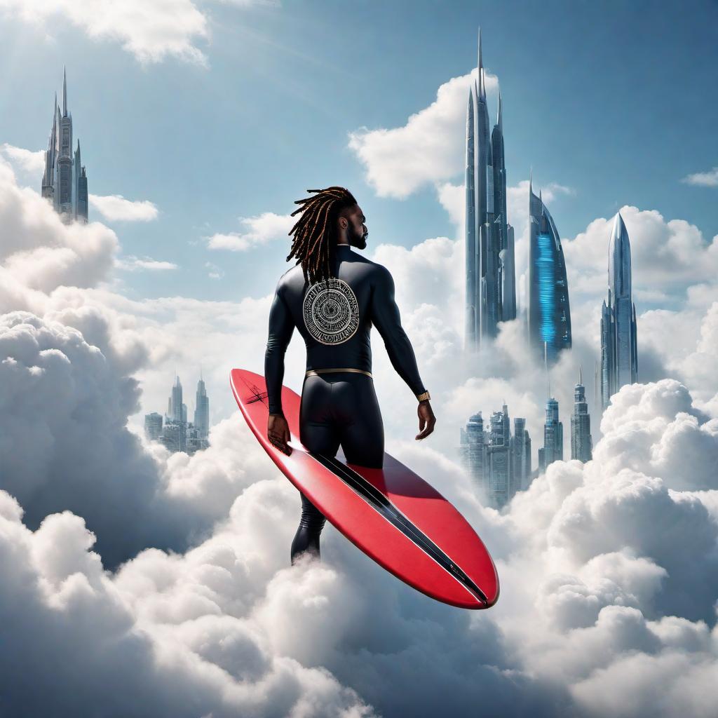  Create a logo for a clothing company named 'Cloud City Concepts'. The design should depict a black male with dreadlocks surfing on a surfboard on top of clouds, heading towards a futuristic city in the sky. The aesthetics should be adventurous, stylish, and futuristic, suitable for a modern apparel brand. Ensure that the company name 'Cloud City Concepts' is integrated into the logo in a clear and fashionable manner. hyperrealistic, full body, detailed clothing, highly detailed, cinematic lighting, stunningly beautiful, intricate, sharp focus, f/1. 8, 85mm, (centered image composition), (professionally color graded), ((bright soft diffused light)), volumetric fog, trending on instagram, trending on tumblr, HDR 4K, 8K