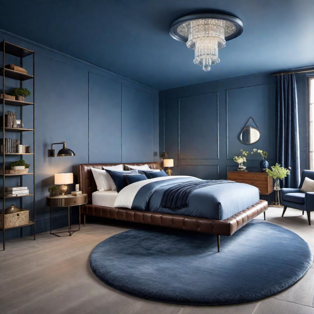  Visualize a boy's room with a tufted bed in denim blue color. There should be white oak floors and an accent wall that complements the overall design. The room should have an astronaut theme with silver decor elements to make it elegant and fun. hyperrealistic, full body, detailed clothing, highly detailed, cinematic lighting, stunningly beautiful, intricate, sharp focus, f/1. 8, 85mm, (centered image composition), (professionally color graded), ((bright soft diffused light)), volumetric fog, trending on instagram, trending on tumblr, HDR 4K, 8K