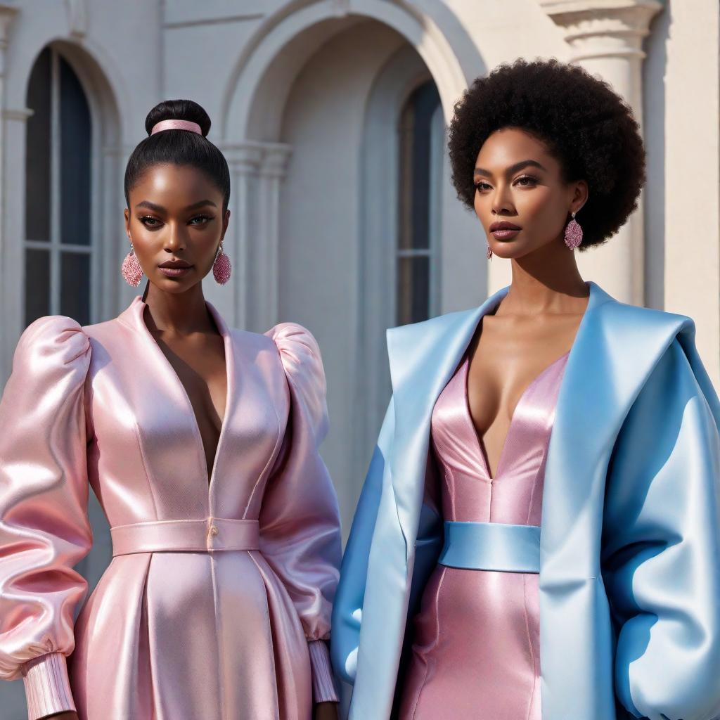  Two modern knit dresses featuring pink and blue metallic materials with velvet accents, designed for a Bridgerton-inspired aesthetic. One dress is worn by a Black woman with an elegant demeanor, styled with a touch of the regal Bridgerton fashion. The other dress is worn by a young woman with a sophisticated style, matching the essence of Bridgerton. Both are wearing matching big bubble coats designed to complement their dresses. The bubble coats are oversized, stylish, and made with the same luxurious pink and blue metallic materials. They are set in a minimalistic and elegant environment to highlight the contrast between the historical charm of Bridgerton and ultra-modern fashion, emphasizing the unique texture and design of both the coat hyperrealistic, full body, detailed clothing, highly detailed, cinematic lighting, stunningly beautiful, intricate, sharp focus, f/1. 8, 85mm, (centered image composition), (professionally color graded), ((bright soft diffused light)), volumetric fog, trending on instagram, trending on tumblr, HDR 4K, 8K