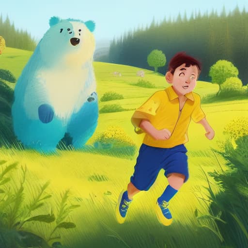  a boy with yellow hat, blue shirt, green short is chasing by a bear