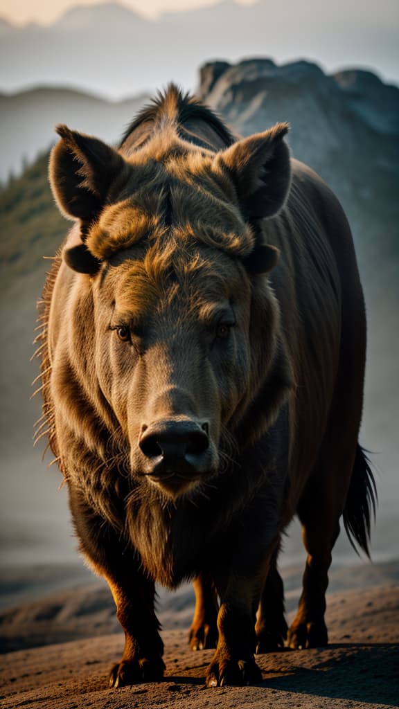  ancient boar, tundra, high resolution , hyperrealistic, high quality, highly detailed, cinematic lighting, intricate, sharp focus, f/1. 8, 85mm, (centered image composition), (professionally color graded), ((bright soft diffused light)), volumetric fog, trending on instagram, HDR 4K, 8K