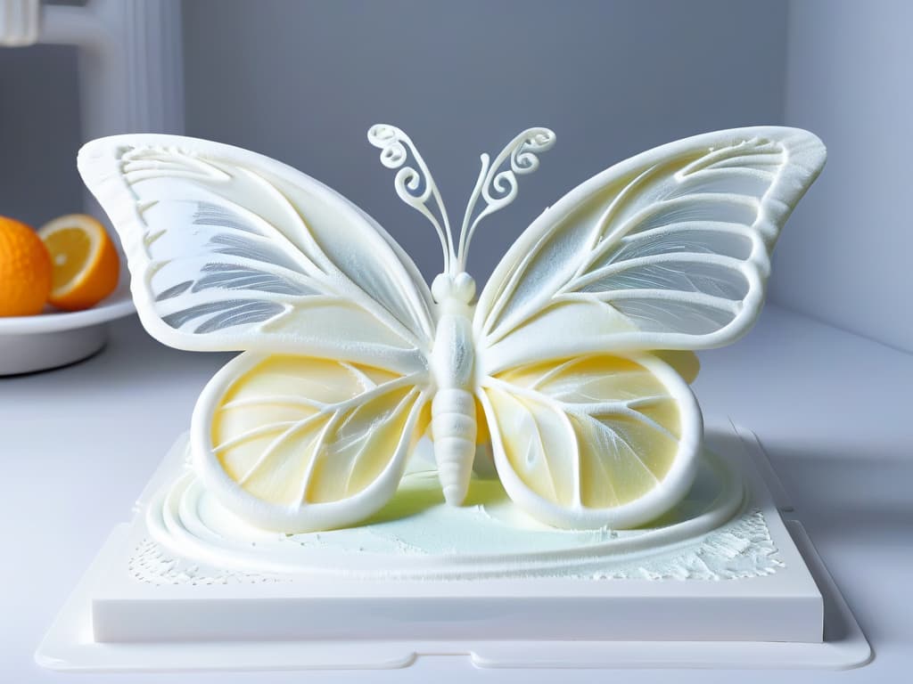  An ultradetailed 8k image of a delicate, intricately designed sugar sculpture being created layer by layer by a 3D printer. The sculpture is in the shape of a whimsical, ethereal butterfly with elegant wings and intricate patterns, capturing the fusion of technology and artistry in the realm of 3D printed desserts. Each delicate detail is clearly visible, showcasing the precision and creativity involved in the process. hyperrealistic, full body, detailed clothing, highly detailed, cinematic lighting, stunningly beautiful, intricate, sharp focus, f/1. 8, 85mm, (centered image composition), (professionally color graded), ((bright soft diffused light)), volumetric fog, trending on instagram, trending on tumblr, HDR 4K, 8K