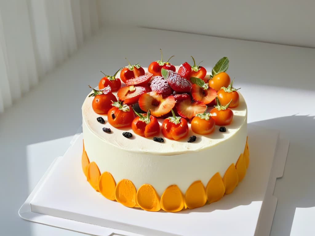  An ultradetailed 8k image of a sleek, modern kitchen with a marble countertop, where a professional pastry chef meticulously decorates a delicious cake adorned with vibrant goji berries. The chef's hands are skillfully placing the berries on the cake, showcasing the process of creating a visually stunning and appetizing dessert. The minimalist aesthetic of the kitchen enhances the focus on the intricate details of the cake and the vibrant colors of the goji berries, inviting the viewer to explore the artistry and benefits of incorporating these superfoods into pastry creations. hyperrealistic, full body, detailed clothing, highly detailed, cinematic lighting, stunningly beautiful, intricate, sharp focus, f/1. 8, 85mm, (centered image composition), (professionally color graded), ((bright soft diffused light)), volumetric fog, trending on instagram, trending on tumblr, HDR 4K, 8K