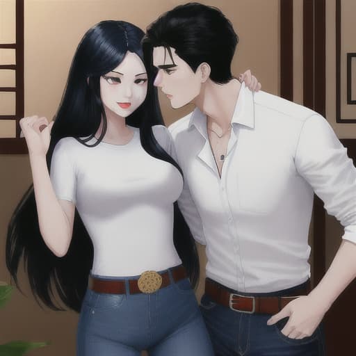  oriental girl long black hair she in dark deep blue flare jeans, best classic jeans with belt and classic white shirt nature east ornament make flirt jeans destroy whith one girl and two men