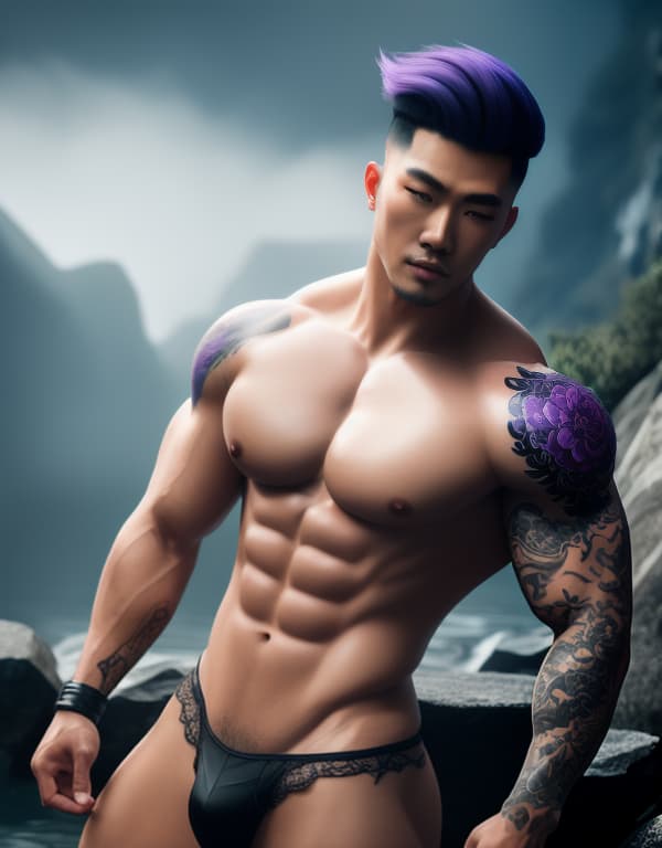  muscle, tattooed Chinese beautiful boy taking a in river with purple lace and white hair,  whole dorsal body，chest hair hyperrealistic, full body, detailed clothing, highly detailed, cinematic lighting, stunningly beautiful, intricate, sharp focus, f/1. 8, 85mm, (centered image composition), (professionally color graded), ((bright soft diffused light)), volumetric fog, trending on instagram, trending on tumblr, HDR 4K, 8K