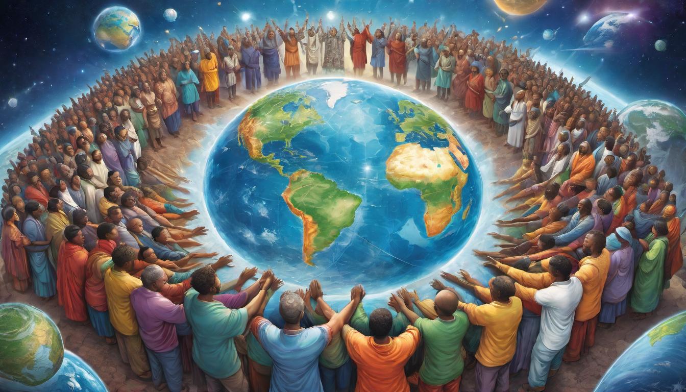  digital illustration, A collective of beings holding hands, forming a circle around the globe, collective healing, unity in action, global upliftment, looking at viewer, dynamic pose, (intricate details, masterpiece, best quality)