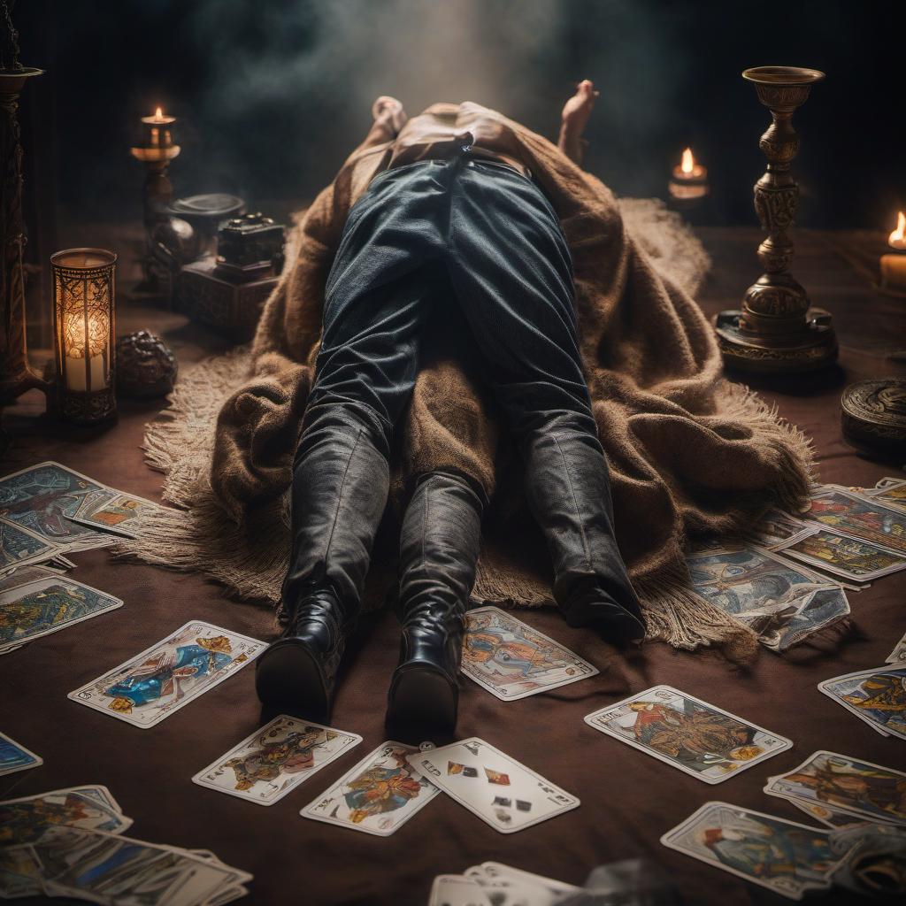  An upside down Arcane in Tarot represents a man hanging upside down. hyperrealistic, full body, detailed clothing, highly detailed, cinematic lighting, stunningly beautiful, intricate, sharp focus, f/1. 8, 85mm, (centered image composition), (professionally color graded), ((bright soft diffused light)), volumetric fog, trending on instagram, trending on tumblr, HDR 4K, 8K