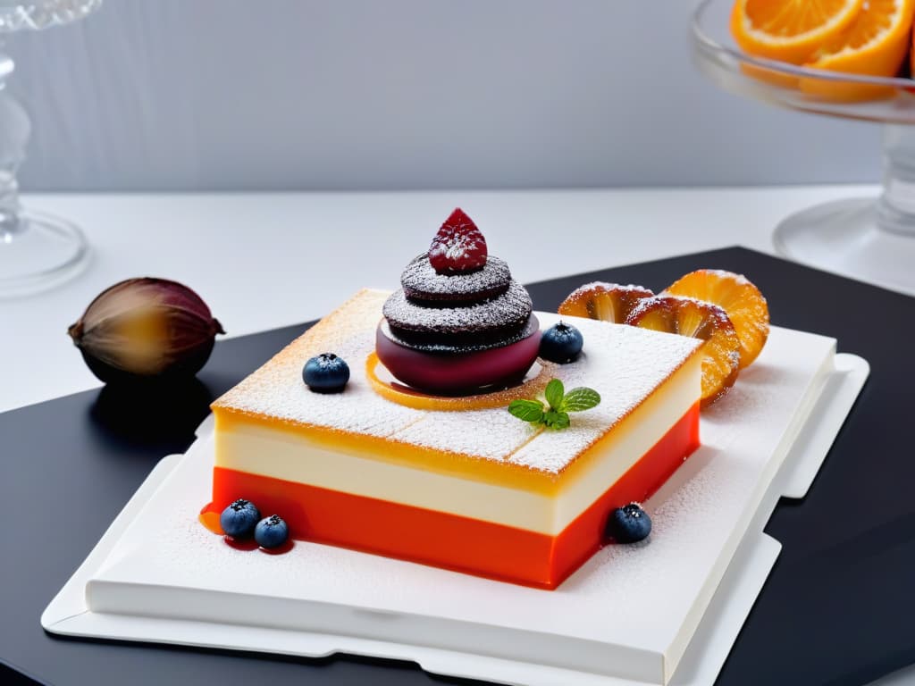  An ultradetailed, photorealistic image of a sleek, minimalist dessert platter featuring avantgarde geometric pastries with precise lines and vibrant colors. Each dessert is meticulously crafted and elegantly presented on a glossy white plate, set against a minimalist backdrop with soft, diffused lighting that highlights every intricate detail and texture. hyperrealistic, full body, detailed clothing, highly detailed, cinematic lighting, stunningly beautiful, intricate, sharp focus, f/1. 8, 85mm, (centered image composition), (professionally color graded), ((bright soft diffused light)), volumetric fog, trending on instagram, trending on tumblr, HDR 4K, 8K