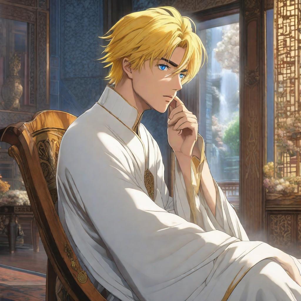  A young man with yellow hair and blue eyes, wearing a white abaya, inside a room, looking surprised., anime concept art by Hayao Miyazaki, featured on pixiv, fantasy art, concept art, official art, high detailed hyperrealistic, full body, detailed clothing, highly detailed, cinematic lighting, stunningly beautiful, intricate, sharp focus, f/1. 8, 85mm, (centered image composition), (professionally color graded), ((bright soft diffused light)), volumetric fog, trending on instagram, trending on tumblr, HDR 4K, 8K