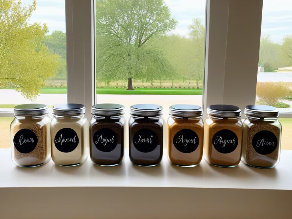  An ultradetailed image of a sleek, modern kitchen countertop adorned with a variety of organic alternative flours neatly arranged in clear glass jars. Each jar is labeled with elegant calligraphy showcasing the flour type almond, coconut, quinoa, chickpea, and buckwheat. The soft, natural light filtering through a nearby window casts a gentle glow on the assortment, highlighting the textures and colors of the different flours. The overall aesthetic is clean, sophisticated, and inviting, perfectly capturing the essence of highquality organic alternative flours for vegan recipes. hyperrealistic, full body, detailed clothing, highly detailed, cinematic lighting, stunningly beautiful, intricate, sharp focus, f/1. 8, 85mm, (centered image composition), (professionally color graded), ((bright soft diffused light)), volumetric fog, trending on instagram, trending on tumblr, HDR 4K, 8K