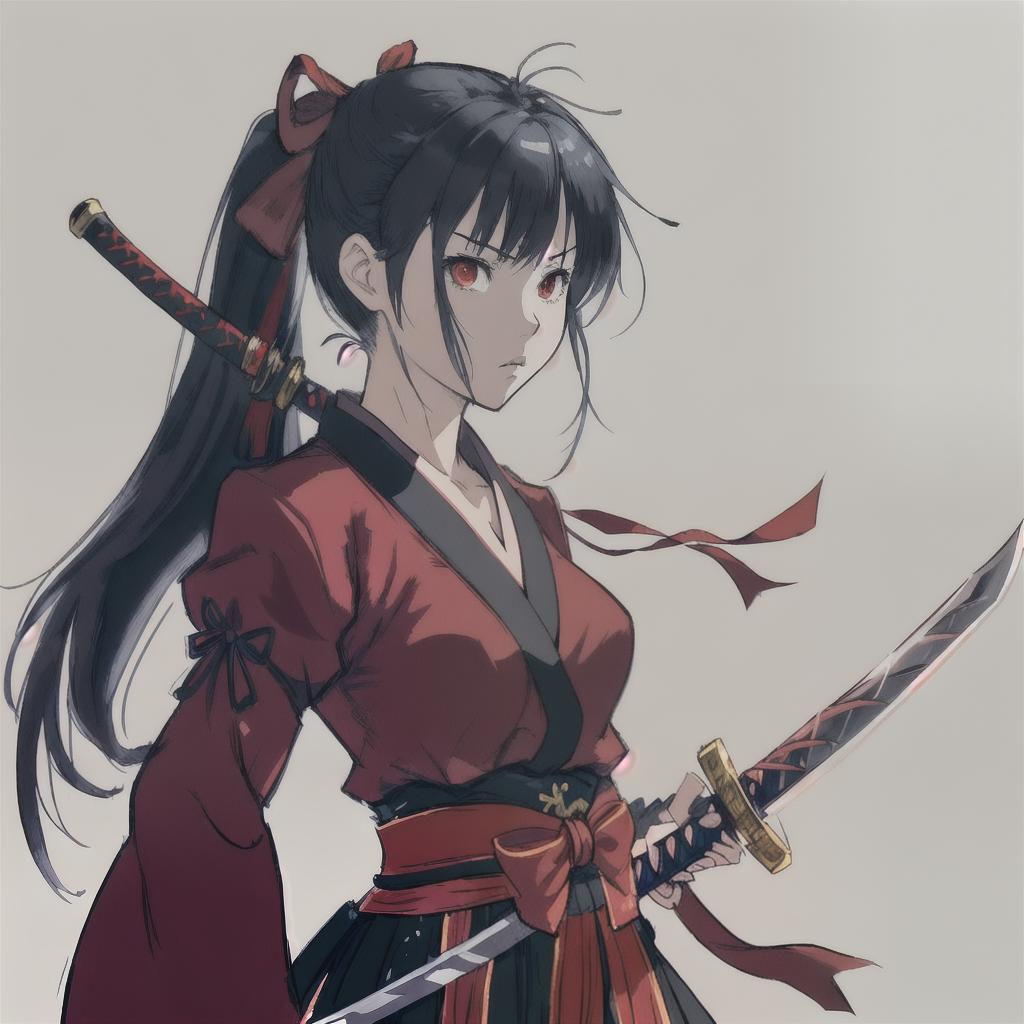  a katana sword tied with red ribbons, fantasy weapons, a girl holding the sword