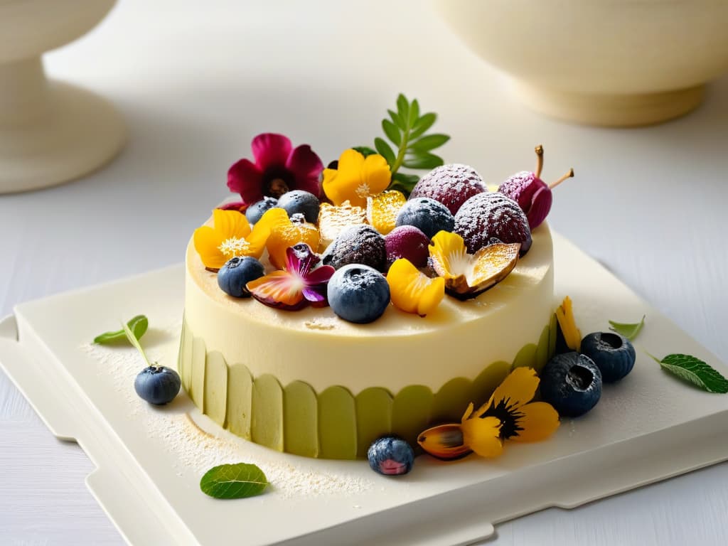  A closeup, ultrahigh resolution image of a beautifully crafted, intricately designed sustainable dessert displayed on a minimalist, earthtone plate. The dessert features delicate layers of vibrant fruits, nuts, and edible flowers, showcasing precision and artistry in sustainable baking. The soft natural lighting highlights the textures and colors, creating an elegant and visually appealing composition that embodies the essence of sustainable pastry art. hyperrealistic, full body, detailed clothing, highly detailed, cinematic lighting, stunningly beautiful, intricate, sharp focus, f/1. 8, 85mm, (centered image composition), (professionally color graded), ((bright soft diffused light)), volumetric fog, trending on instagram, trending on tumblr, HDR 4K, 8K