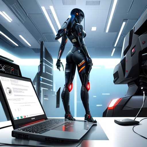  A futuristic robot hunched over a computer keyboard. Apply the Following Styles Cyberpunk hyperrealistic, full body, detailed clothing, highly detailed, cinematic lighting, stunningly beautiful, intricate, sharp focus, f/1. 8, 85mm, (centered image composition), (professionally color graded), ((bright soft diffused light)), volumetric fog, trending on instagram, trending on tumblr, HDR 4K, 8K