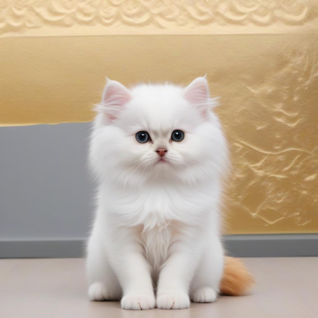  Please generate a fluffy white cat in full height standing on the hind legs, with a fluffy tail, on a light gray gold background in the jewelry of the goddess Cleopatra