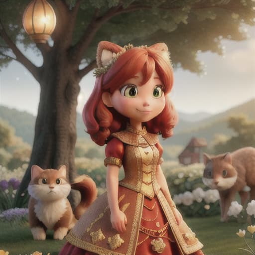  A scene depicts "Lina telling stories to animals", featuring Lina sharing tales with a wise expression towards her animal friends. Set against a backdrop of a garden filled with love and joy, with an apple tree brightly lighting up the environment. This image is designed to clearly represent every aspect of the scene without any ambiguity., best quality, very detailed, high resolution, sharp, sharp image, extremely detailed, 4k, 8k, not alone hyperrealistic, full body, detailed clothing, highly detailed, cinematic lighting, stunningly beautiful, intricate, sharp focus, f/1. 8, 85mm, (centered image composition), (professionally color graded), ((bright soft diffused light)), volumetric fog, trending on instagram, trending on tumblr, HDR 4K, 8K
