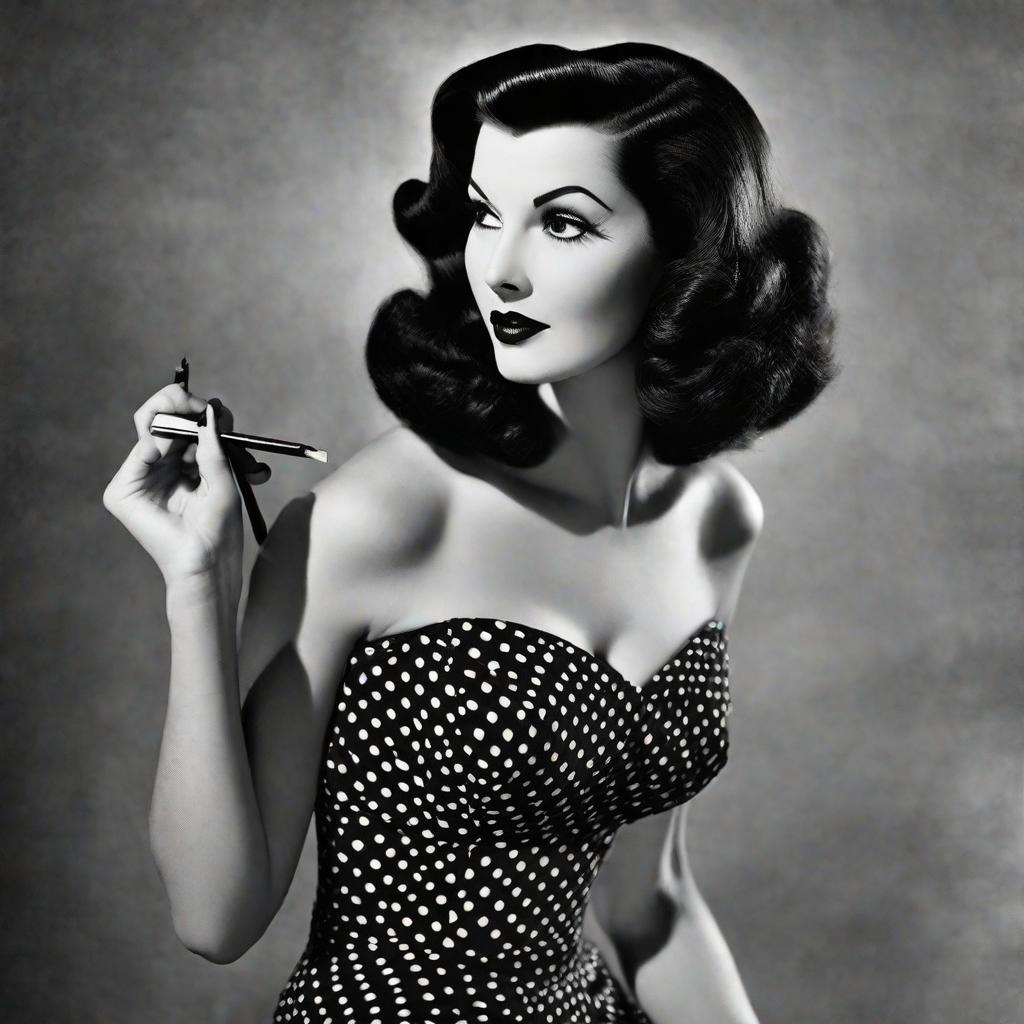  masterpiece, best quality, A pin-up with flowing black hair and smoky gray eyes poses against a vintage black and white backdrop. She wears a form-fitting, figure-flattering black dress with a sweetheart neckline and polka dot accents. The environment is a dimly lit studio, with a spotlight casting dramatic shadows that enhance the model's curves. The mood is sultry and mysterious, with a touch of nostalgia. The style is a mix of clic pin-up art and contemporary noir aesthetics, combining elements of both black and gray tones. The realization could be achieved through a high-resolution black and white photograph, capturing the model's alluring beauty and timeless elegance.